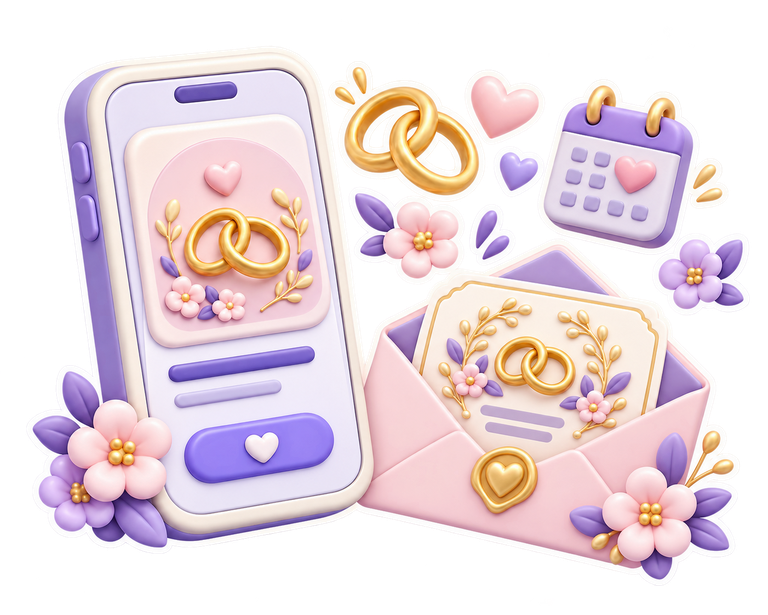 រូបភាព sticker 3D UI ទូរសព្ទបញ្ឈរមួយ និងស្រោមធៀបអាពាហ៍ពិពាហ៍ អមដោយផ្កា បេះដូង ចិញ្ចៀន និងប្រតិទិន